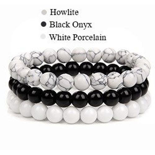 Ensemble De Bracelets En Perles De Pierre Naturelle Pour Hommes Et Femmes, Bracelet En Onyx Noir, Bracelet En Agates, Ulélastique, Cadeau De Bijoux, Mode, 3 Pièces
