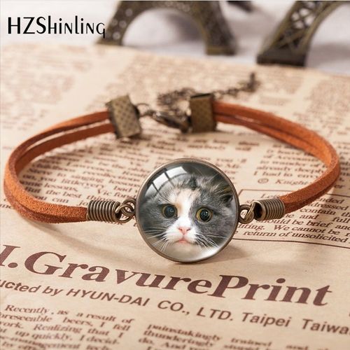 Bracelet En Cuir À Motif Mixte Chats Chaton, Accessoires D'art, Cabochon En Verre, Cadeau De Bijoux À La Mode, Nouveau, 2023