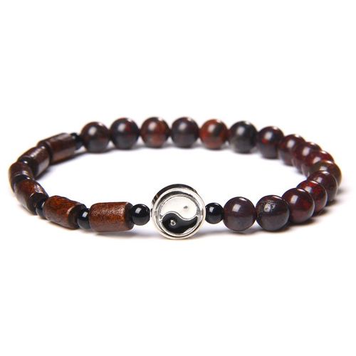Bracelets À Breloques En Bois Rouge Pour Hommes Et Femmes, Bijoux En Perles D'agate Fou Naturel De 6mm, Pendentif Yin Yang, Fait À La Main
