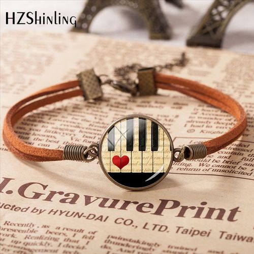 Pendentif Musical, Bracelet Rond En Cuir Avec Verre Et Note De Musique, Bijou À La Mode, Cadeau Breton, 2020