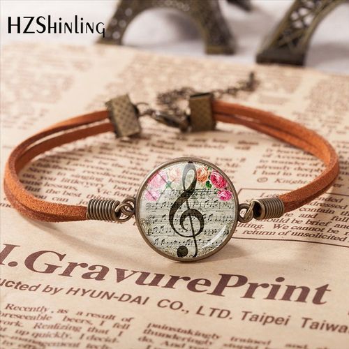 Pendentif Musical, Bracelet Rond En Cuir Avec Verre Et Note De Musique, Bijou À La Mode, Cadeau Breton, 2020