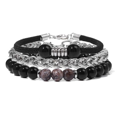 Ensemble De Bracelets En Acier Inoxydable Pour Hommes, Classique, Fait À La Main, Corde Noire, En Pierre Naturelle, Bijoux Cadeau
