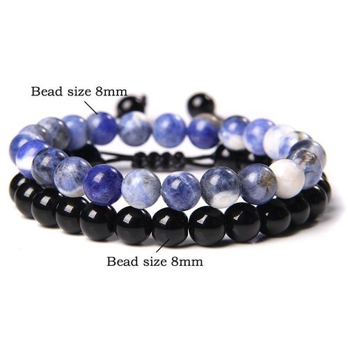 Bracelets Perlés En Pierre Naturelle, 2 Pièces/Ensemble, En Onyx Noir, Opalite, Ajustables, Pour Couples, Petit Ami, Bijoux À La Mode