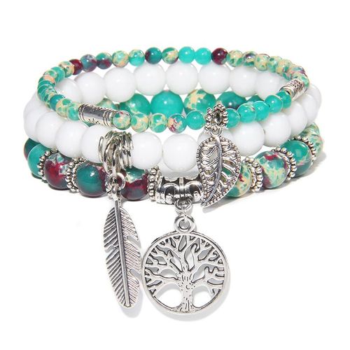 Bracelet À Breloques En Pierre Turquoise Bleue Pour Femme Et Homme, Bijoux De Guérison, Arbre De Vie, 3 Pièces