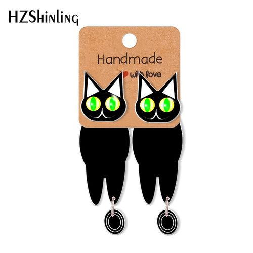 Boucles D'oreilles Chats Noirs, Yeux Verts Pour Femmes, Clip En Acrylique, En Résine Epoxy, Bijoux