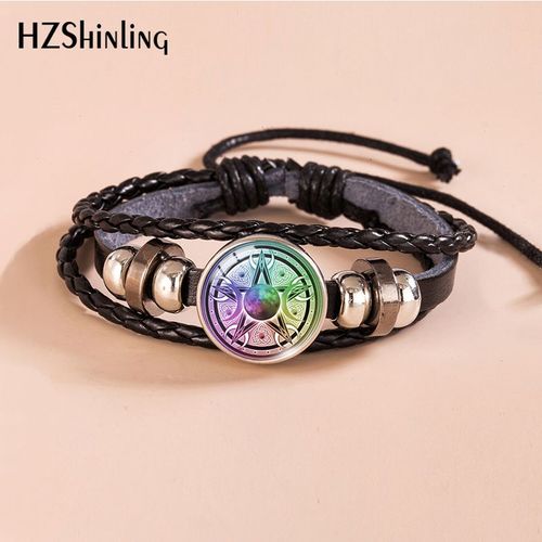 Bracelet En Cuir Avec Cabochon En Verre, Violet, Croissant De Lune, Pentacle Arts, À Lacets, Réglable, Pour Hommes