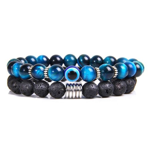 Bracelets En Pierre De Lave Naturelle Pour Hommes Et Femmes, Ensemble De Bijoux Vintage Yogo Mala, Double Chaîne Élastique, Oeil De Tigre