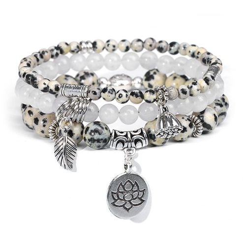 Ensemble De Bracelets En Pierre Naturelle Pour Hommes Et Femmes, Bracelets À Breloques En Cuir Chevelu, Agate Blanche, Ensemble De Bracelets Pour Couples, Yoga, Mala, 3 Pièces