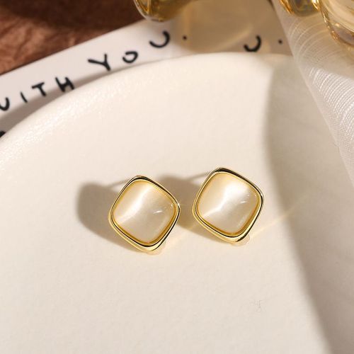Boucles D'oreilles Carrées En Opale Beige Pour Femme Et Fille, Mini Bijoux Géométriques, Tendance, Nouvelle Collection