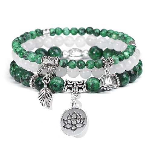 Ensemble De Bracelets À Breloques En Pierre D'aventurine Verte Pour Hommes Et Femmes, Cuir Chevelu En Agates Naturelles, Ensembles De Bracelets À Breloques De Fleurs, Cadeau D'accessoires, 3 Pièces Pa