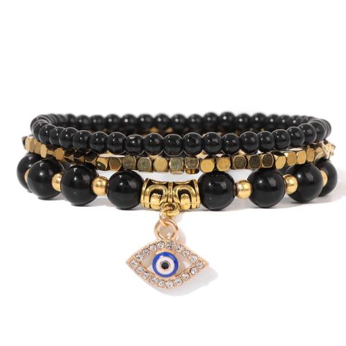 Ensemble De Bracelets En Pierre D'agates Vertes Naturelles Pour Femmes Et Hommes, Amulette Turque, Mauvais ¿Il, Bracelets À Breloques, Bijoux Élastiques, 3 Pièces Par Ensemble