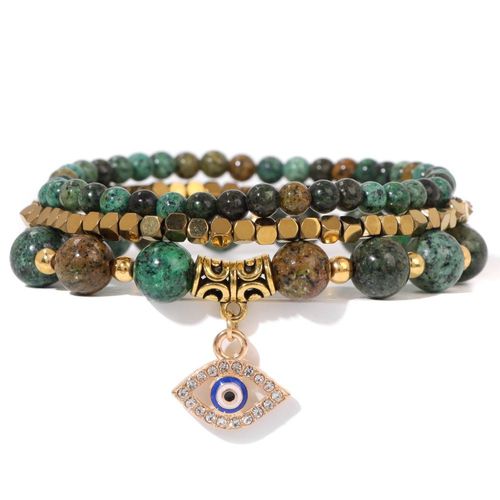 Ensemble De Bracelets En Pierre D'agates Vertes Naturelles Pour Femmes Et Hommes, Amulette Turque, Mauvais ¿Il, Bracelets À Breloques, Bijoux Élastiques, 3 Pièces Par Ensemble