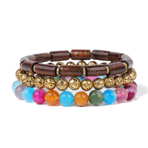 Bracelet En Pierre De Bois Vintage Pour Hommes, Bracelet En Perles De Pierre De Lave, Bracelets En Agates Pour Hommes, Bijoux Classiques À La Mode Pour Garçons, Document En Or, Ensemble De 3 Pièces
