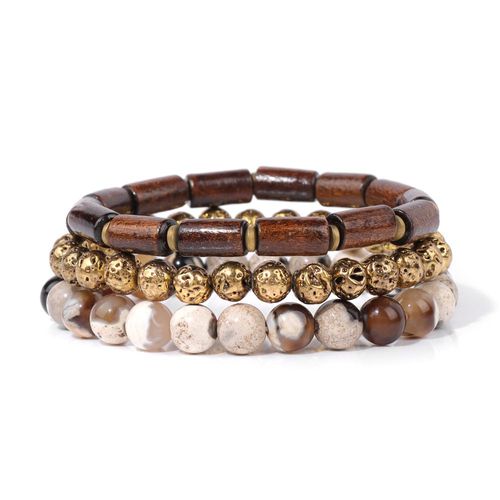 Bracelet En Pierre De Bois Vintage Pour Hommes, Bracelet En Perles De Pierre De Lave, Bracelets En Agates Pour Hommes, Bijoux Classiques À La Mode Pour Garçons, Document En Or, Ensemble De 3 Pièces