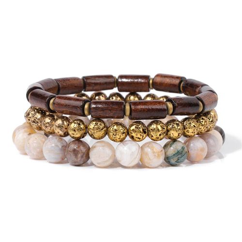 Bracelet En Pierre De Bois Vintage Pour Hommes, Bracelet En Perles De Pierre De Lave, Bracelets En Agates Pour Hommes, Bijoux Classiques À La Mode Pour Garçons, Document En Or, Ensemble De 3 Pièces
