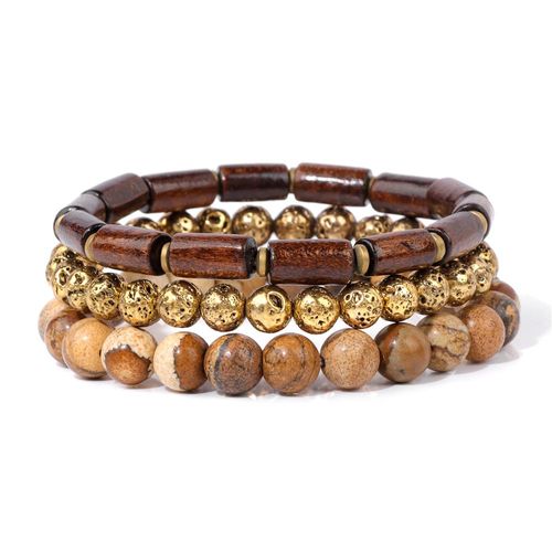Bracelet En Pierre De Bois Vintage Pour Hommes, Bracelet En Perles De Pierre De Lave, Bracelets En Agates Pour Hommes, Bijoux Classiques À La Mode Pour Garçons, Document En Or, Ensemble De 3 Pièces