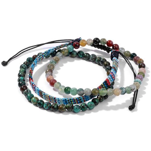 Ensemble De 3 Bracelets En Pierre Naturelle Pour Femmes Et Hommes, Perles D'aventurine Et De Calcédoine, Ajustable, Bohème, Tissé, Bijoux