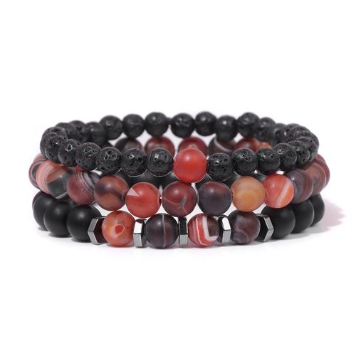 Bracelet Agates À Rayures Naturelles Pour Homme Et Femme, 3 Pièces/Ensemble, 256 Onyx, Perles De Lave, Artificiel Astique De Commande, Bijoux Classiques, Cadeaux