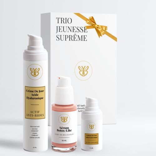 Trio Jeunesse Suprême - Coffret Visage Femmes - Ensemble Soins Anti-Rides Hydratants Et Raffermissants - Crème De Jour Et Contour Des Yeux Acide Hyaluronique - Sérum Peptides - Certifiés Naturels 
