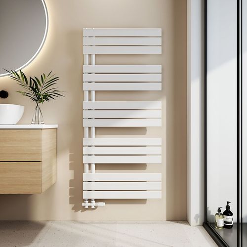 EMKE Sèche-serviettes eau chaude 132 x 60 cm, porte-serviettes mural, raccordement latéral, radiateur plat, blanc brillant, 798 W