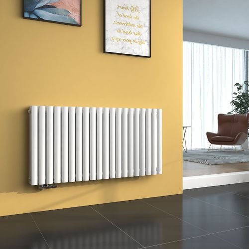 EMKE Radiateur à eau chaude 60 x 120 cm, radiateur vertical ovale, radiateur tubulaire design à double couche, raccordement latéral, chauffage blanc brillant 1828 W