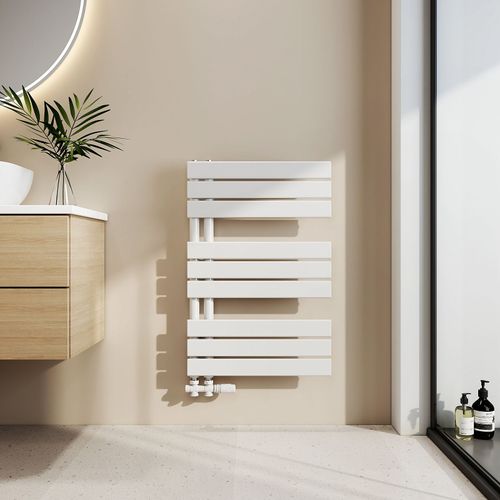 EMKE Sèche-serviettes eau chaude 76,2 x 50 cm, porte-serviettes mural, raccordement latéral, radiateur plat, blanc brillant, 397 W