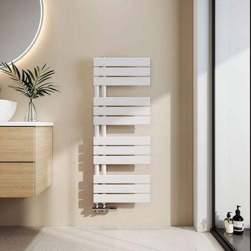 EMKE Sèche-serviettes eau chaude 104,1 x 40 cm, porte-serviettes mural, raccordement latéral, radiateur plat, blanc brillant, 456 W