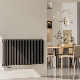 EMKE Radiateur à eau chaude horizontal en forme de D 600 x 840 mm, radiateur design à panneau plat, radiateur plat double couche, raccordement latéral, gris anthracite, 1383 W