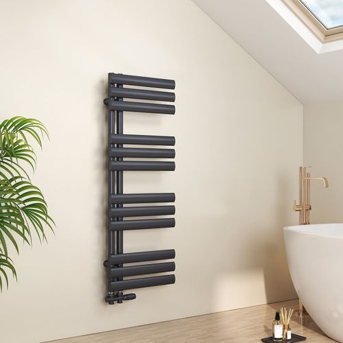 EMKE Sèche-serviettes eau chaude 112 x 40 cm, porte-serviettes mural ovale, raccordement latéral, gris anthracite, 408 W
