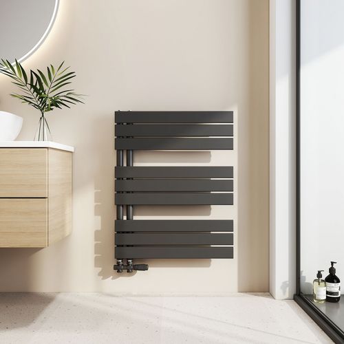 EMKE Sèche-serviettes eau chaude 76,2 x 60 cm, radiateur chauffe-serviettes, raccordement latéral, sèche-serviettes plat, noir givré, 479 W