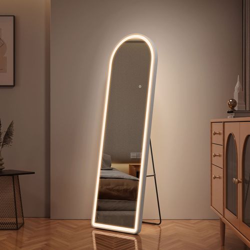 EMKE Miroir pleine longueur avec éclairage LED, lumière variable, dimmable, 147 x 45 cm, sur pied avec interrupteur tactile, blanc