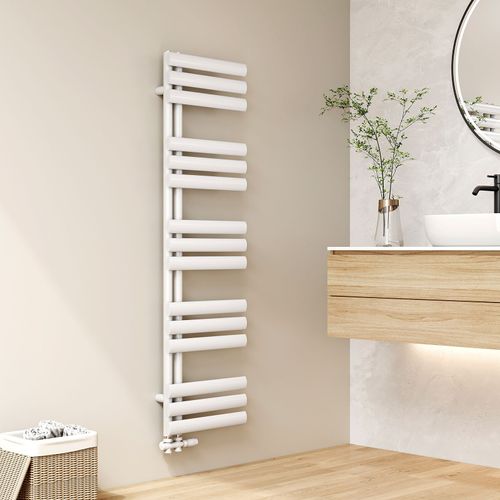 EMKE Sèche-serviettes eau chaude 143 x 40 cm, porte-serviettes mural ovale, raccordement latéral, blanc brillant, 484 W