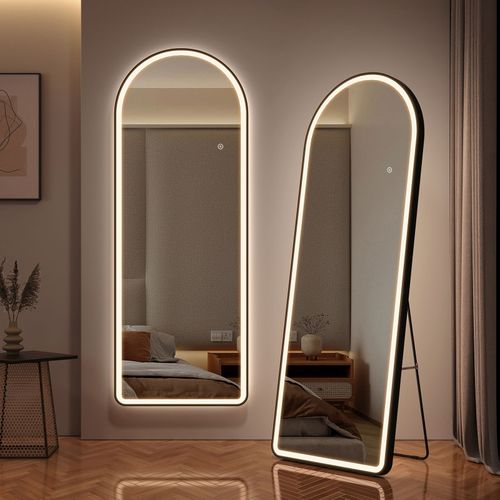 EMKE Miroir pleine longueur avec éclairage LED, lumière variable, dimmable, 160 x 60 cm, sur pied avec interrupteur tactile, noir