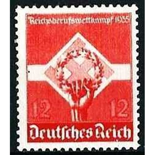 Allemagne, 3ème Reich, 1935 Très Beau Timbre Neuf** Luxe Yvert 531, Premier Concours Professionnel De La Jeunesse Ouvrière, Main Tenant Une Couronne De Lauriers Devant Une Croix Gammée, 12 Pf Rouge.