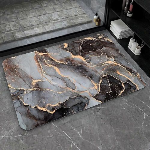 Tapis de bain en pierre de terre de diatomées super absorbant, tapis de salle de bain en marbre à séchage rapide en marbre d¿or noir et blanc, tapis de sol de baignoire antidérapantFacile à nettoyer,