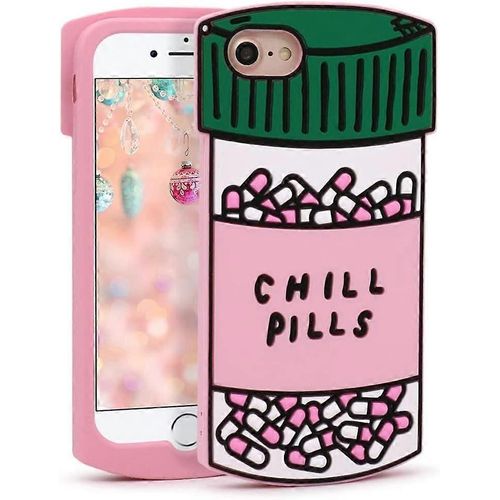 Megantree Mignon Iphone Se 2020 Coque, Coque Iphone 7, Coque Iphone 8, Drôle 3d Dessin Animé Chill Pilules Capsule Bouteille En Forme De Caoutchouc De Silicone Souple Full Protect