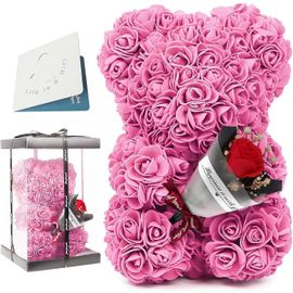 Ours Rose Avec Carte De Voeux, Ours En Peluche Rose Fait À La Main Avec Des Fleurs De Rose, Ours En Peluche Rose Éternel Cadeau Pour Femmes, La Saint-Valentin, Mariage Et Anniversaire