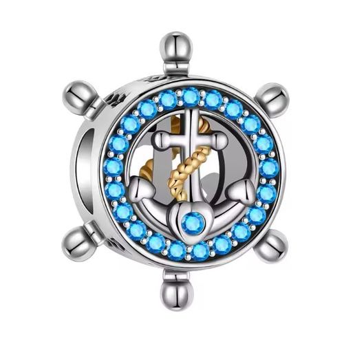 Charm Pour Bracelet Et Collier Gouvernail Bleu Et Ancre En Argent S925 Et Zircons