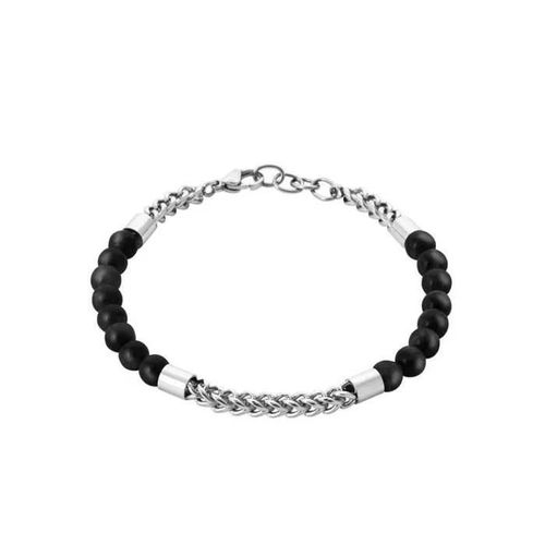 Bracelet Boules Pierre Agate Noire 21cm Pour Homme & Acier Inoxydable