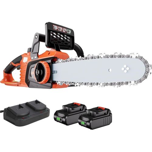 Tronçonneuse électrique sans fil 40 V, longueur de barre de 30 cm, avec système d'huile pour couper le bois, élaguer les branches, tension automatique et anti-vibrations (2 piles)