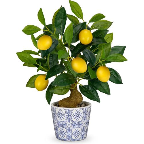 Plante artificielle décorative - Citronnier - 40 cm - En plastique - En pot - Porcelaine bleue et blanche - Plantes d'intérieur - Avec branche de citron et fruits de citron - Pour la décoration