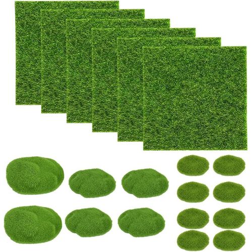6 PCS Mini Pelouse Artificielle Miniature Carré Gazon Artificiel 15x15cm Tapis Herbe Synthétique Carré Fausse Pelouse avec 14 Mousse Artificielle Rocks pour Micro Paysage Jardin Décoration