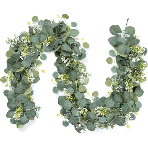 Lot de 4 guirlandes d'eucalyptus artificielles de 1,8 m, faux feuillage de dollar argenté, feuilles de vigne, fleurs blanches à suspendre, guirlandes de lierre pour fête de mariage, Noël