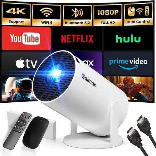 Vidéoprojecteur 1080P FHD 4K 2025 Rétroprojecteur Portable Mini Projecteur Dual Contrôle avec Souris Android TV WiFi 6 BT5.2 180°