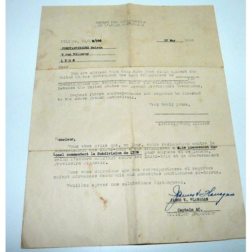 U.S. Army, Bureau De Réclamation De L'armée Américaine, Lettre De Réclamation Bureau De Lyon Le 22 Mai 1945, Signée Du Capitaine James V. Flanagan