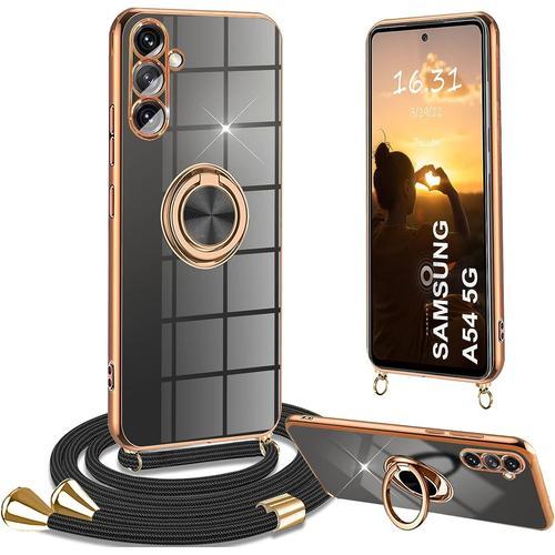 Coque Pour Samsung Galaxy A54 5g, Coque Pour Samsung A54 5g Silicone Housse 360° Voiture De Bague Magnétique Étui Antichoc Avec Cordon Tour De Collier Réglable Case Cover Noir