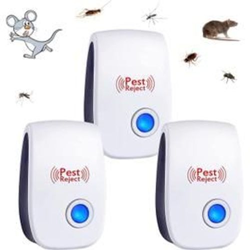 Répulsif à ultrasons contre les insectes (lot de 3) pour repousser les moustiques, les punaises de lit, les cafards, les araignées, les rats, les chauves-souris, les oiseaux, les mouches, les puces, les rongeurs, blanc, 6,9 x 4,9 x 2,75 pouces