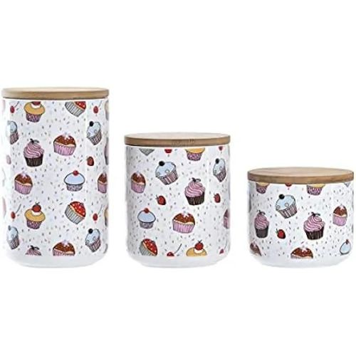 Lot De 3 Bocaux - Dkd Home Decor - Grès Et Bambou - Multicolore - Blanc - Standard