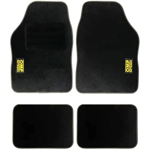Tapis De Voiture - Omp - Speed - Noir - Ensemble De 4 Pièces - Antidérapant Avec Logo Jaune