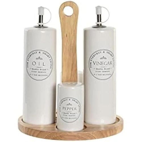 Set D'huile Et De Vinaigre - Dkd Home Decor - Standard - Grès Et Bois - Blanc - 15x18x22 Cm